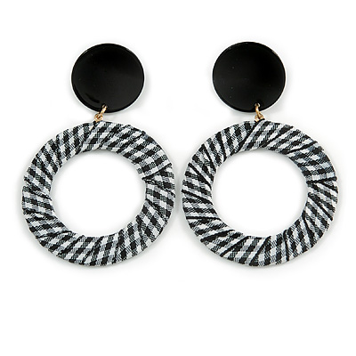 Black/ White Fabric Covered Gingham Checked Drop/ Hoop Earrings - 65mm Long - main view