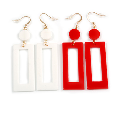 Set of 2 Pairs Square Acrylic Drop Earrings In White/ Red - 80mm L - main view