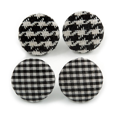 Set of 2 Pairs Black/ White Fabric Covered Gingham Checked Button Stud Earrings In Silver Tone  - 25mm - main view