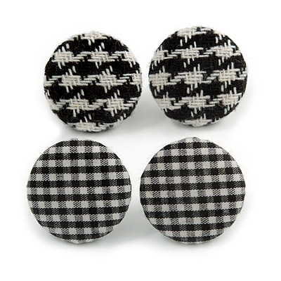 Set of 2 Pairs Black/ White Fabric Covered Gingham Checked Button Stud Earrings In Silver Tone  - 25mm