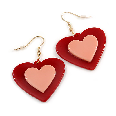 Red/ Pink Acrylic Large Heart Drop Earrings with Gold Hook Closure - 50mm L - main view