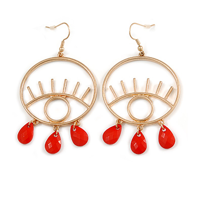 Trendy Red Bead Eye Hoop/ Drop Earrings In Gold Tone - 75mm L - main view