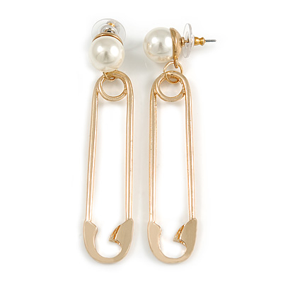 Large Gold Tone Safety Pin with Cream Faux Pearl Drop Earrings - 80mm L
