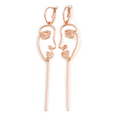 Long Quirky Face Design Drop Earrings In Rose Gold Tone - 10.5cm Long - main view