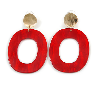 Red Acrylic Oval Hoop/ Drop Earrings with Marble Effect In Gold Tone - 65mm L - main view