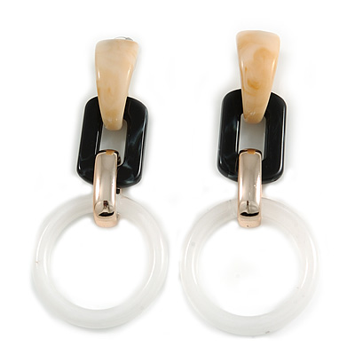 Trendy Long Geometric Acrylic Drop Earrings In White/ Black/ Gold with Marble Effect - 9cm L - main view