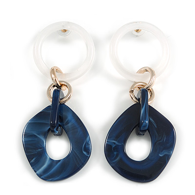 Trendy Long Geometric Acrylic Drop Earrings In White/ Dark Blue/ Gold with Marble Effect - 11cm L