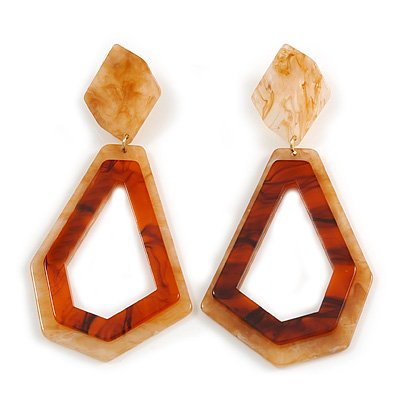 Light Caramel/ Brown with Marble Effect Geometric Acrylic Drop Earring In Gold Tone - 9cm L - main view