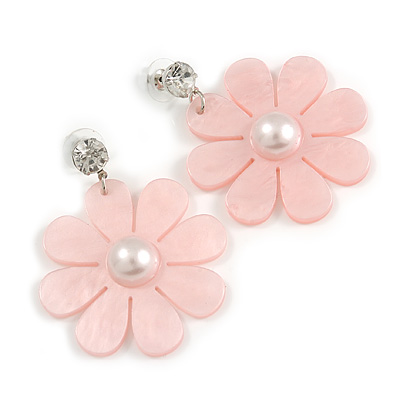 Light Pink Acrylic Flower Drop Earrings In Silver Tone - 55mm L - main view