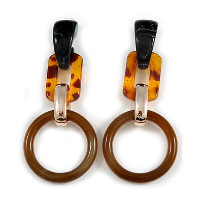 Trendy Long Geometric Acrylic Drop Earrings In Brown/ Black/ Gold with Marble Effect - 9cm L - main view