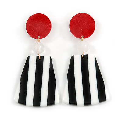 Red/ Black/ White Long Geometric Stripy Acrylic Drop Earrings with Glitter Effect - 9cm L - main view