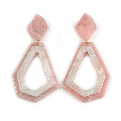 Blush Pink/ White with Marble Effect Geometric Acrylic Drop Earring In Gold Tone - 9cm L - main view