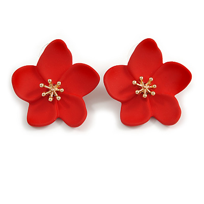 Red Matte Daisy Stud Earrings In Gold Tone - 30mm Diameter - main view
