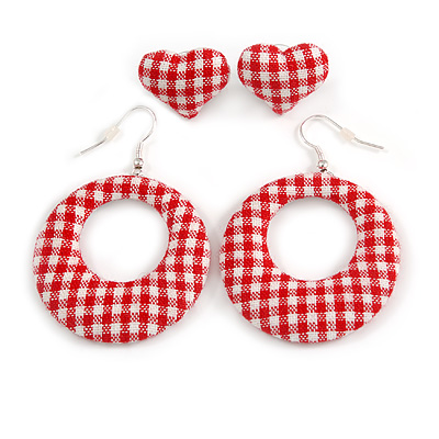 Two Pairs Red/ White Fabric Covered Gingham Checked Hoop and Heart Stud Earrings In Silver Tone - 60mm L/ 20mm L - main view
