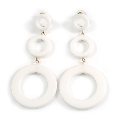 Long Triple Hoop White Acrylic Drop Earrings with Gold Tone Post Closure - 95mm L - main view