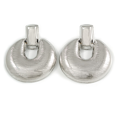 Large Round Textured Drop Earrings In Silver Tone - 60mm L