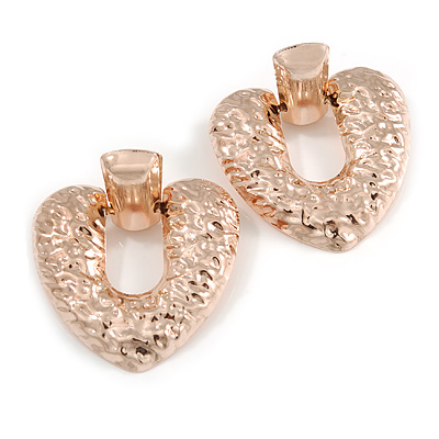 Large Hammered Heart Drop Clip On Earrings In Rose Gold Tone - 60mm L