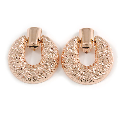 Large Round Hammered Clip On Earrings In Rose Gold Tone Metal - 60mm Long - main view