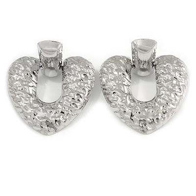 Large Hammered Heart Drop Clip On Earrings In Silver Tone - 60mm L - main view