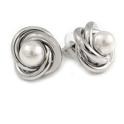 Polished Silver Tone Knot with Faux Pearl Bead Stud Earrings - 17mm D - main view