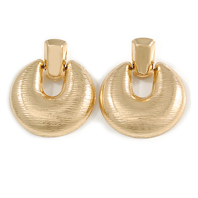 Large Round Textured Clip On Earrings In Gold Tone - 60mm L - main view