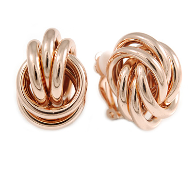 Polished Rose Gold Tone Knot Clip On Earrings - 23mm Long - main view