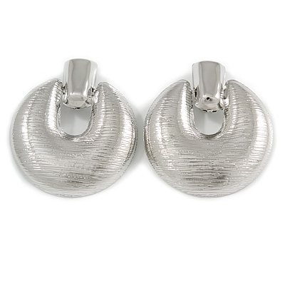 Large Round Textured Clip On Earrings In Silver Tone - 60mm L