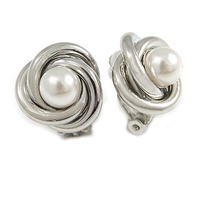 Polished Silver Tone Knot with Faux Pearl Bead Clip On Earrings - 17mm D
