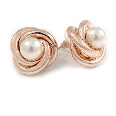 Polished Rose Gold Tone Knot with Faux Pearl Bead Stud Earrings - 17mm D - main view