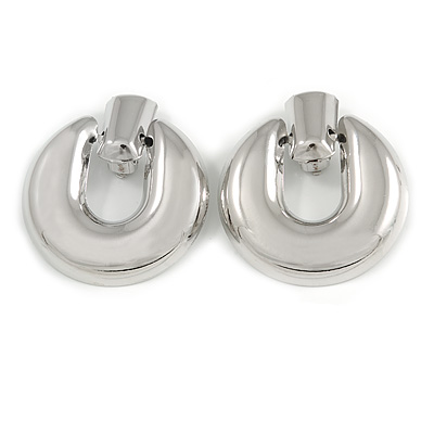 Large Round Polished Clip On Earrings In Silver Tone - 60mm L - main view
