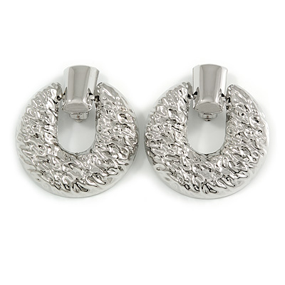 Large Round Hammered Clip On Earrings In Silver Tone Metal - 60mm Long - main view