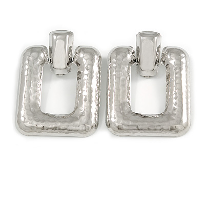 Large Square Hammered Drop Earrings In Silver Tone Metal - 60mm L - main view
