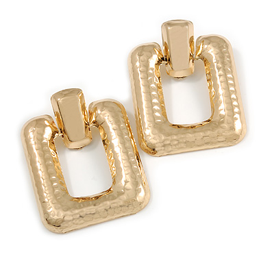 Large Square Hammered Drop Earrings In Gold Tone Metal - 60mm L