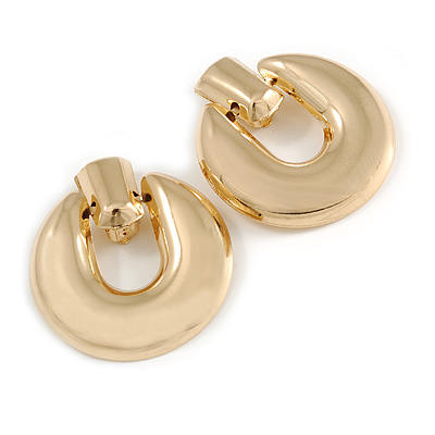 Large Round Polished Clip On Earrings In Gold Tone - 60mm L - main view
