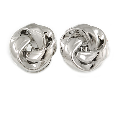 Large Polished Silver Tone Knot Clip On Earrings - 35mm D - main view