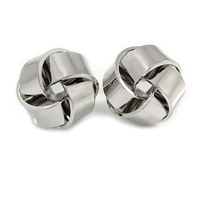 Polished Silver Tone Metal Knot Stud Earrings - 15mm D - main view
