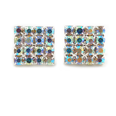 AB Crystal Square Stud Earrings In Silver Tone - 15mm - main view