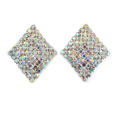AB Crystal Diamond Clip On Earrings In Silver Tone Metal - 30mm Long - main view