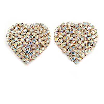 AB Crystal Heart Earrings In Gold Tone Metal - 25mm Long - main view