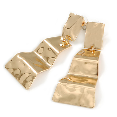 Contemporary Polished Hammered Wavy Drop Earrings In Gold Tone - 65mm Long