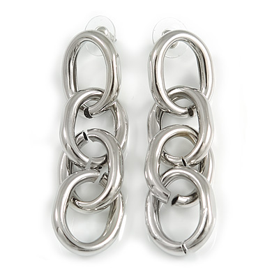 Polished Silver Tone Chunky Oval Link Drop Earrings - 70mm Long - main view