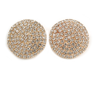 30mm Round Clear Crystal Clip On Earrings In Gold Tone - main view