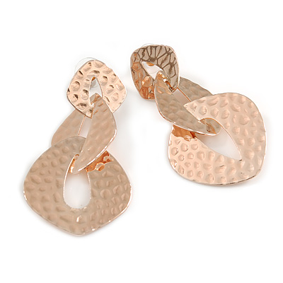 Rose Gold Hammered Triple Oval Link Drop Earrings - 60mm Long - main view