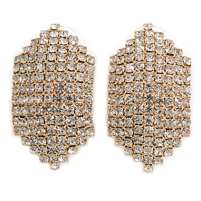 C Shape Clear Crystal Stud Earrings In Gold Tone - 30mm Long