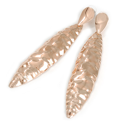 Large Contemporary Hammered Leaf Earrings In Rose Gold Tone Metal - 11.5cm L