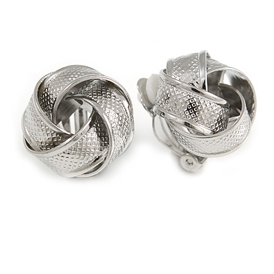 Silver Tone Textured Knot Clip On Earrings - 20mm Diameter - main view