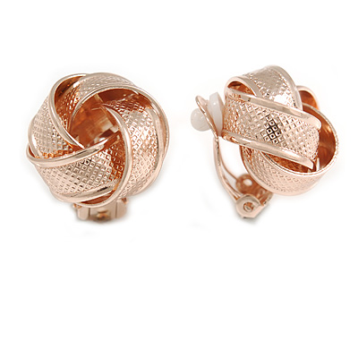 Rose Gold Tone Textured Knot Clip On Earrings - 20mm Diameter - main view