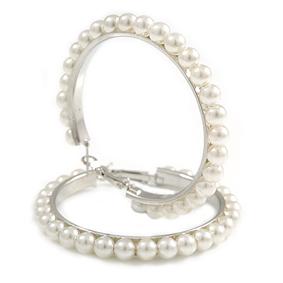 60mm Large White Faux Pearl Hoop Earrings In Silver Tone - main view