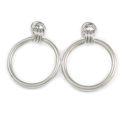 Large Polished Silver Tone Hoop Earrings - 65mm Long