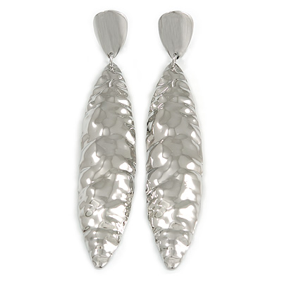 Large Contemporary Hammered Leaf Clip On Earrings In Silver Tone Metal - 11.5cm L - main view